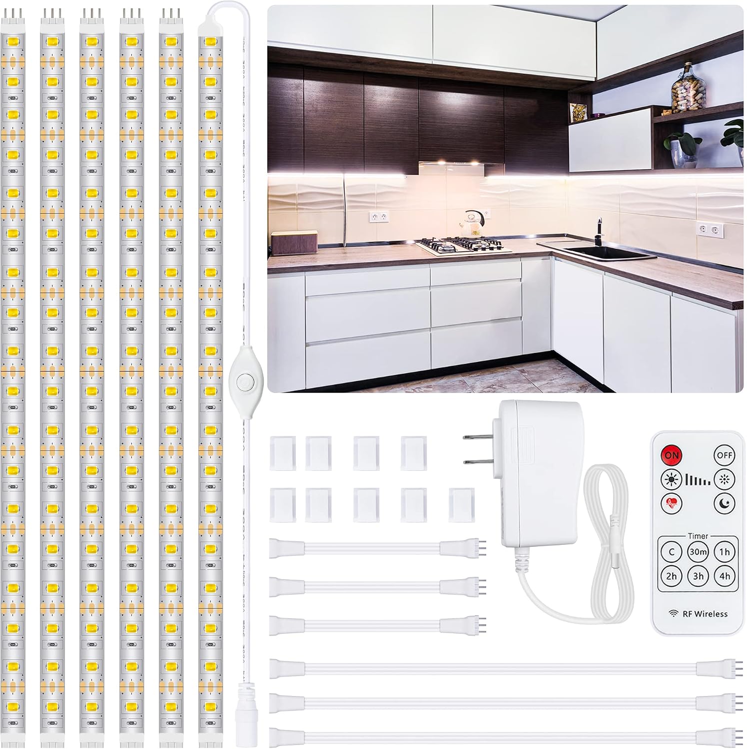LAFULIT 6 PCS Under Cabinet Lighting Kit, DIY Lights for Anywhere, Flexible Led Strip Lights with RF Remote and Power Adapter, for Kitchen Cabinets Shelf Counter, 4000K Neutral White, 9.8ft