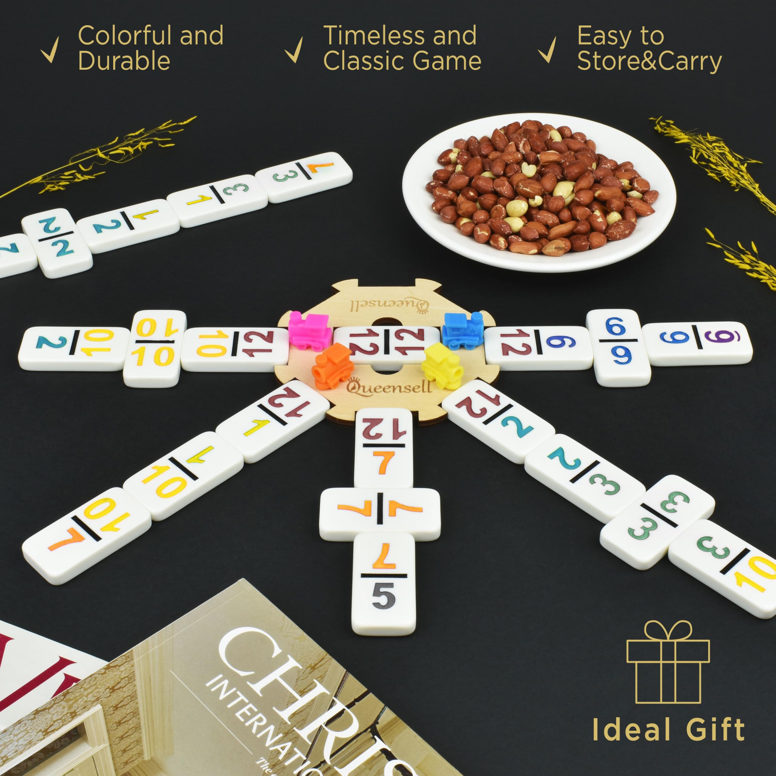 Queensell Jeu de Dominos Train Mexicain avec Chiffres, Jeu de Dominos Double 12 pour Adultes, Train de Domino Mexicain pour Adultes et Famille – Jeu de Dominos 91 Pièces avec Étui en Aluminium
