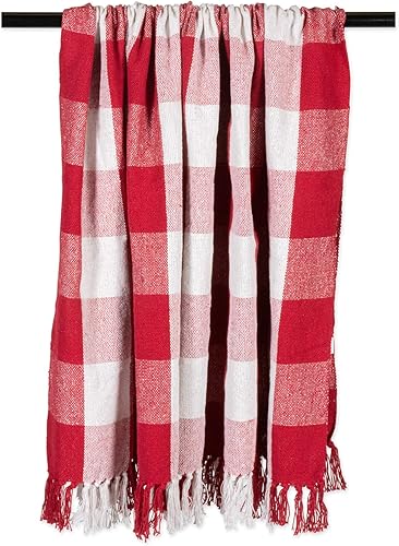 Miniatura 3 de DII Buffalo Check Collection - Manta rústica de granja con borlas, 50 x 60 pulgadas, rojoblanco