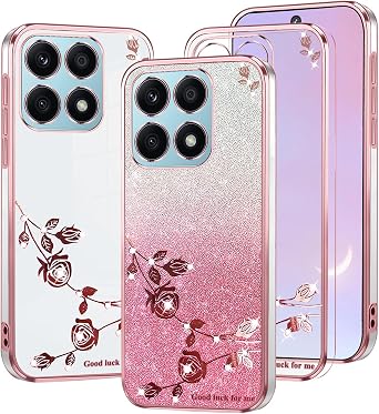 Phone Case for Honor X8a Clear Glitter Floral, Cute Slim for Honor X8a Case Silicone Shockproof Protective Women Girls Cover Sparkle Aesthetic Pink