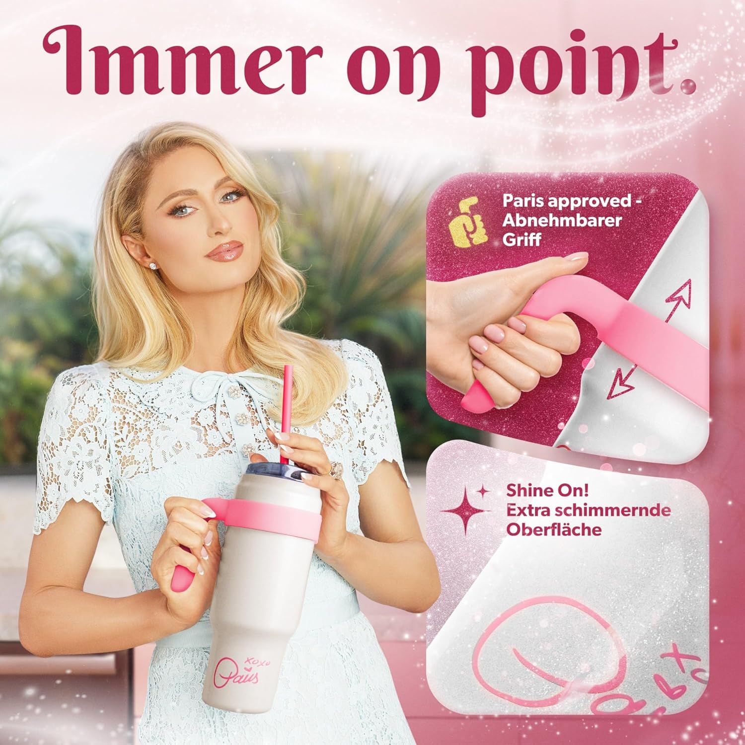 Paris Hilton White Stainless Steel Water Bottle, with Plastic Handle and Straw, 1.1 L, Double Wall Insulated, Sports Bottle, Removable Handle