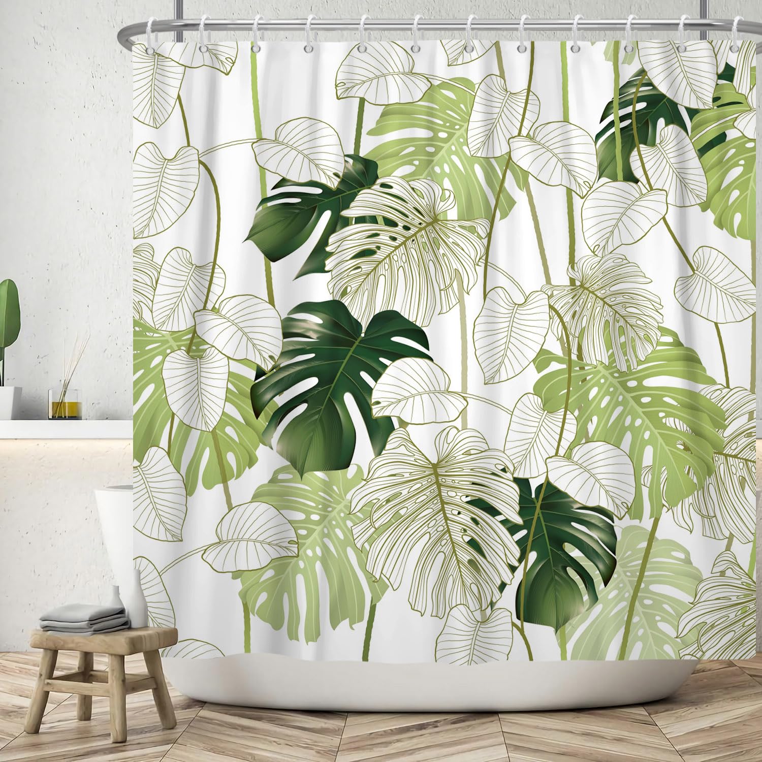 ASDCXZ Leaves Shower Curtain 165x180 cm, Spring Summer Tropical Green Banana Leaves White Bath Washable Shower Curtains Polyester Textile Waterproof Bath Curtain for Bathtub with 12 Hooks โ image 1