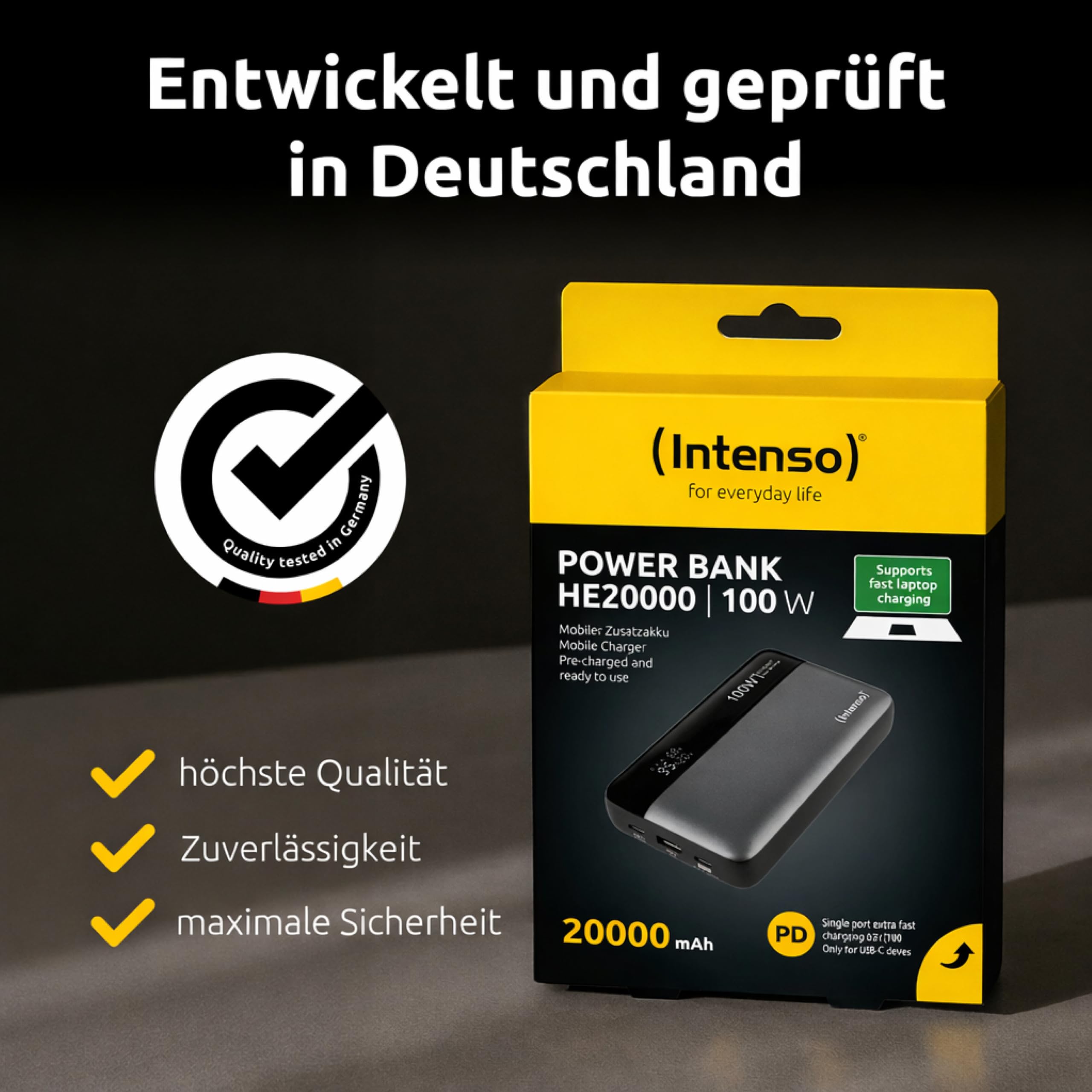 Intenso Powerbank HE20000, batteria esterna con Power Delivery (100 W) e cavo di ricarica USB-C a USB-C, 20000 mAh, colore: Grigio/Nero