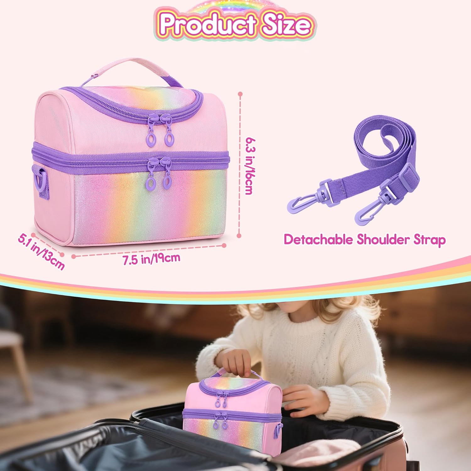 Kids Small Nail Polish Storage Holds 24 Bottles (0.15 fl oz - 0.17 fl oz), Double Layer Carrying Case for Nail Supplies, Rainbow Sequins Design, for Kids Girls Dress Up Play Travel, Pink, Case Only