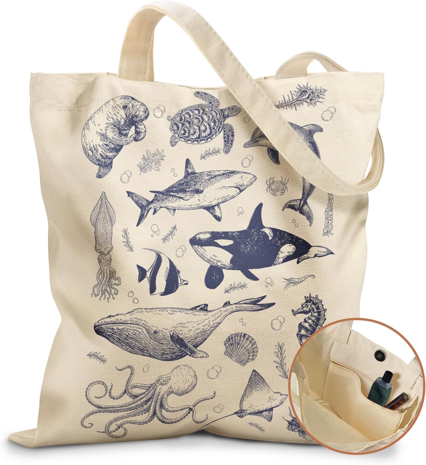 Aesthetic Tote Bag for Girls - with Magnetic Buckle and Zipper Inner Pocket for Women Lady Canvas Cotton Tote Bag