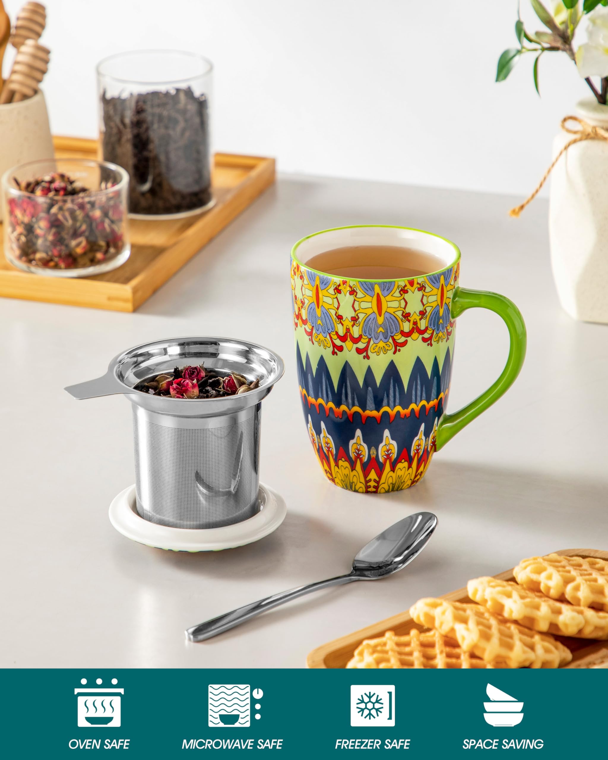 vancasso Mug Tasse à Thé/Café avec Couvercle et Filtre – 540 ml Céramique, Compatible Lave-vaisselle et Micro-ondes – Cadeau Parfait – Style Bohème 01