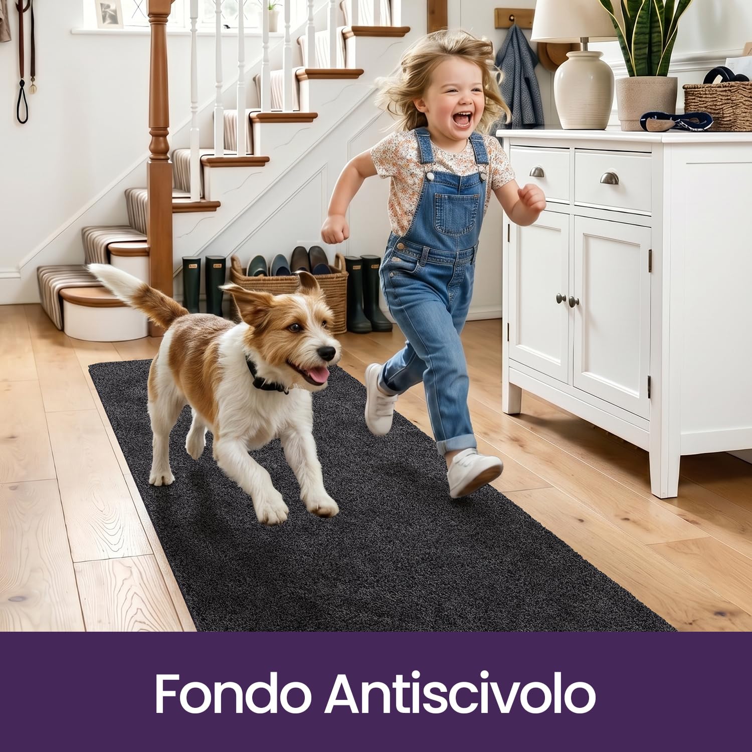 DEXI Passatoia Corridoio 80 x 250 cm, Zerbino Ingresso Assorbente, Tappetino Antiscivolo Lavabile in Lavatrice per Cane, Porta, Nero-Grigio