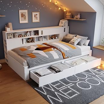 Mrwoo Childrens Bed Day Bed 90 x 200 cm Single Bed with Multifunctional Storage Cabinet Drawers Storage Shelf Large Storage Space and Slatted Base White Mattress Not Included