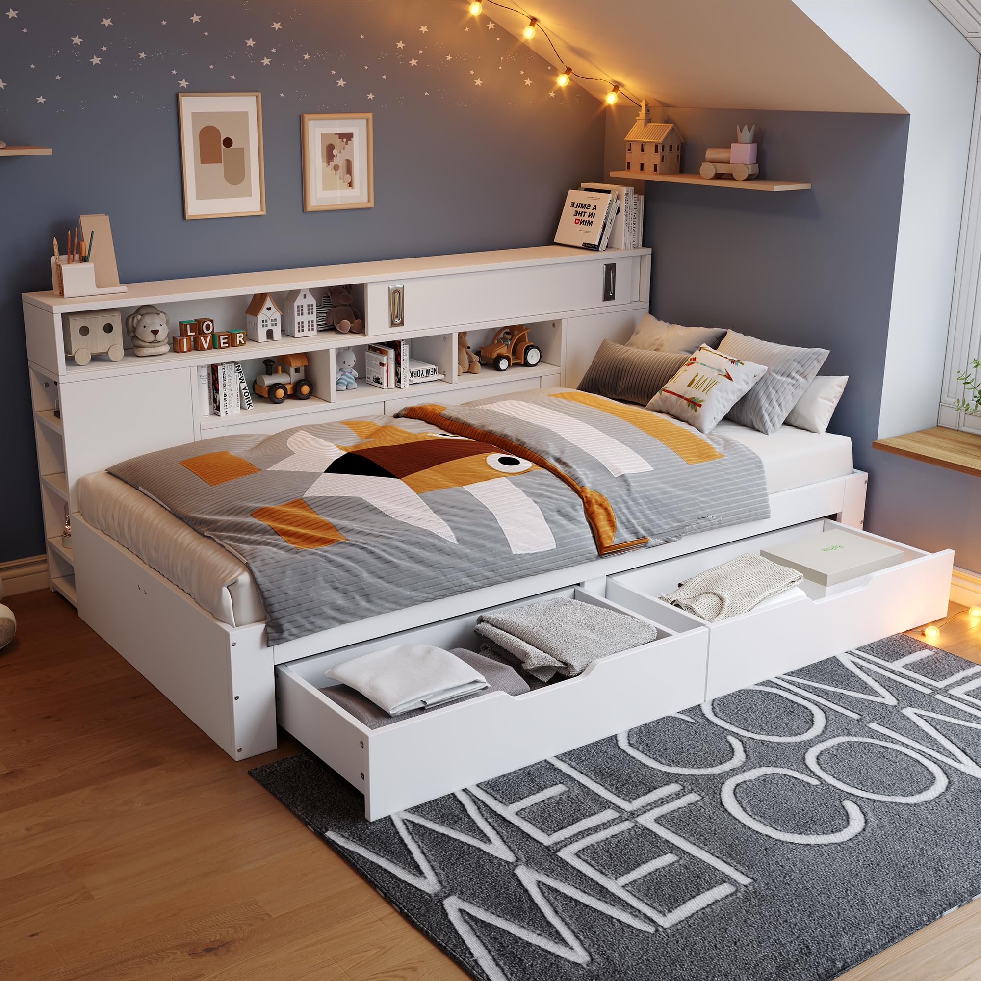 Sapgaks Lit 90 x 190 avec sommier à Lattes,Cadre de lit Coffre 90 x 190 cm,Lit Enfant Simple,avec tiroirs,étagère et Compartiment de Rangement,Matelas Non Inclus,Blanc