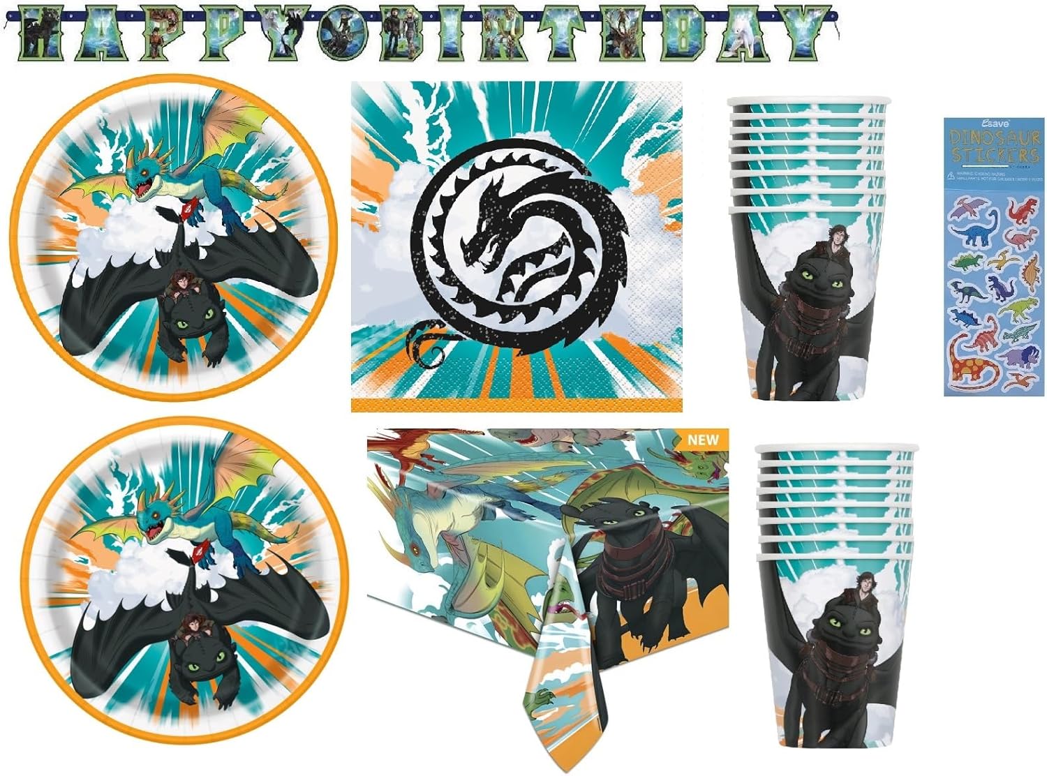 How to Train Your Dragon Dinosaur Birthday Party Supplies Decoration Bundle includes 16 Paper Plates, 16 Cups, 16 Napkins, 1 Table Cover, 1 Happy Birthday Banner, 1 Dinosaur Sticker Sheet