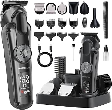 PORTENTUM Beard Trimmer Hair Clippers Men   21-Piece Set   LED   Electric Razor for Face & Body   6 Cutting Heads   7 Guide Combs   USB-C shavers   Cordless Use up to 120 Min   Compact Storage Base