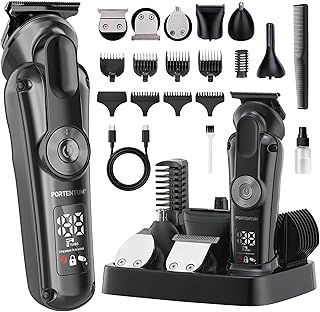 PORTENTUM Maquina de cortar pelo hombre – Set de 21– LED – Trimmer facial y corporal – Afeitadora precisión – Cortapelos y recortadora de barba – 6 Cabezales – 7 Peines – USB-C – Base organizadora