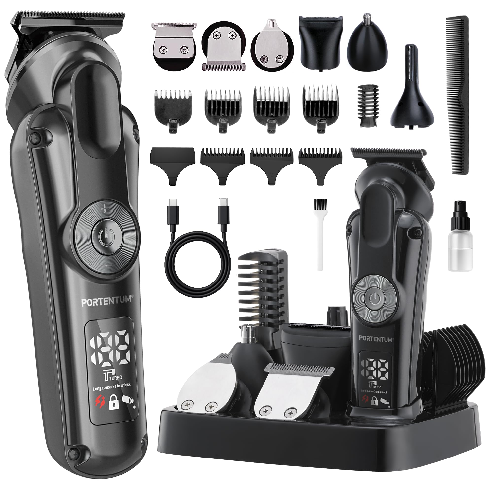 PORTENTUM Tondeuse barbe homme – Lot 21 pcs – LED – Rasoir Électrique Visage et Corps – Tondeuse Cheveux Polyvalente – 6 Têtes – 7 Sabots – USB-C – Autonomie 120 min – Support Organisateur Sans Fil