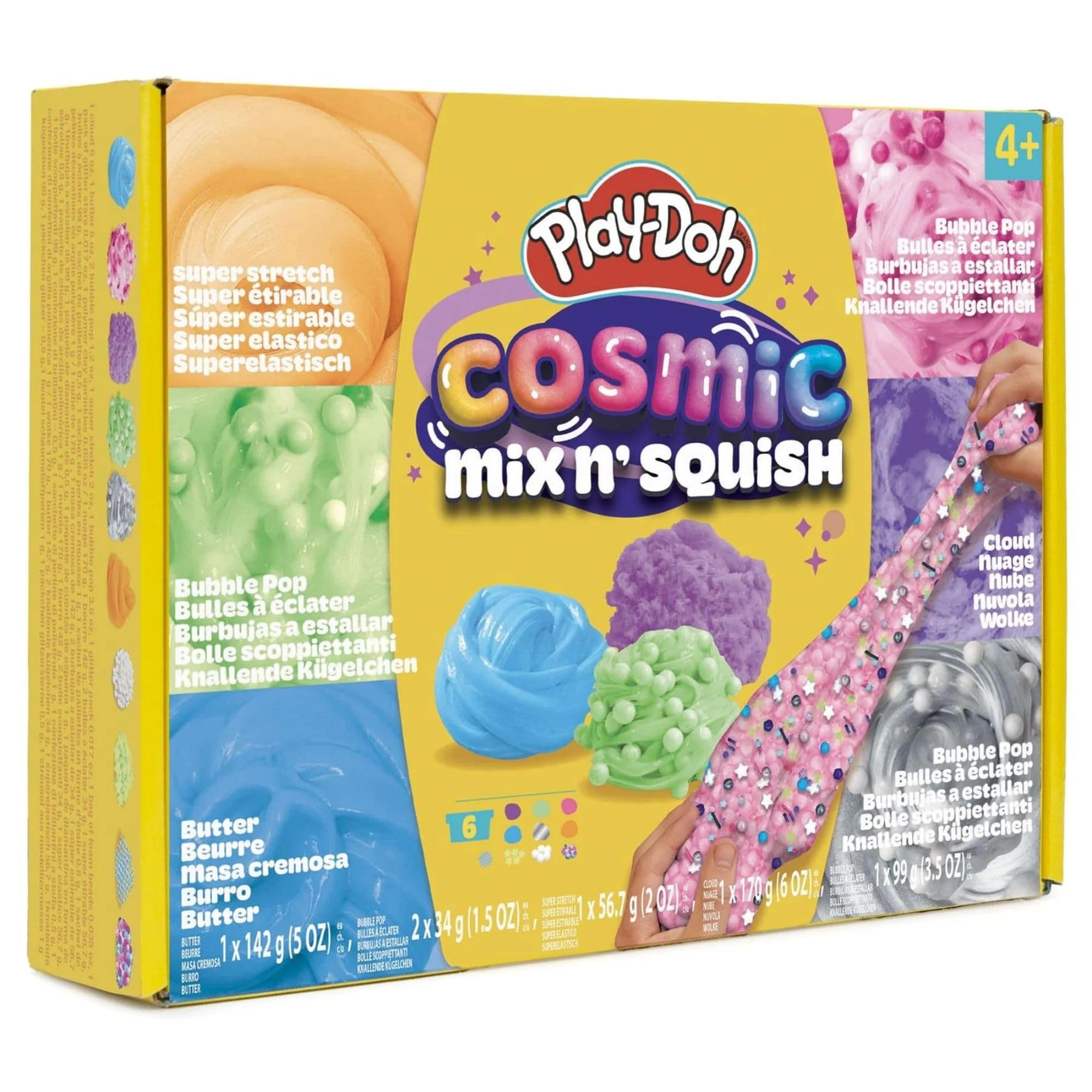 Play-Doh Cosmic Mix & Squish Set - 6 Compound Tubs with 4 Textures and Fun Mix-Ins - Cloud Butter Stretch Bubble Pop Textures - Tactile and Sensory Toys for Kids Ages 4+