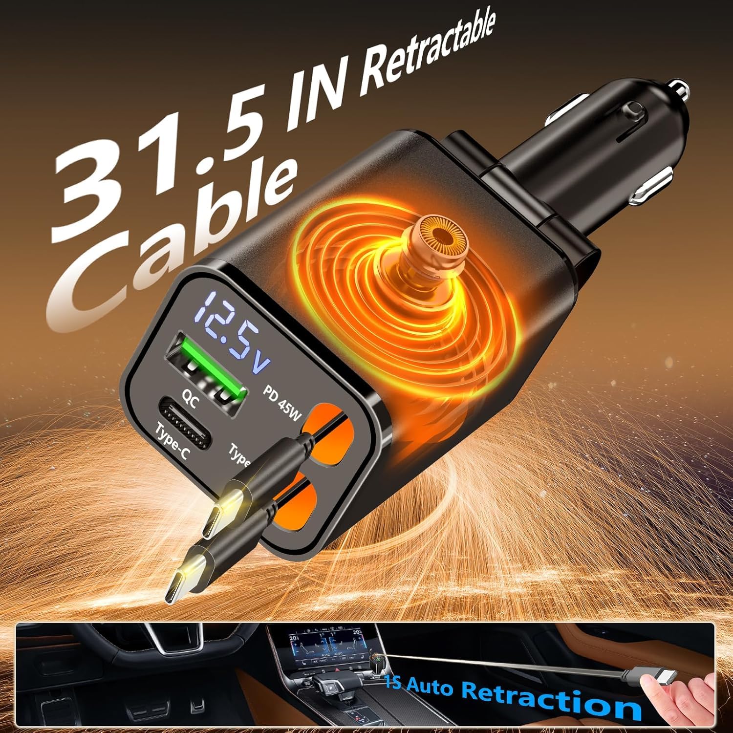 Caricatore da auto retrattile USB C, USB C caricabatteria da auto tipo C ricarica rapida adattatore accendisigari per iPhone 17/17 Pro Max/16 Pro/15/Galaxy S25/S24/Pixel