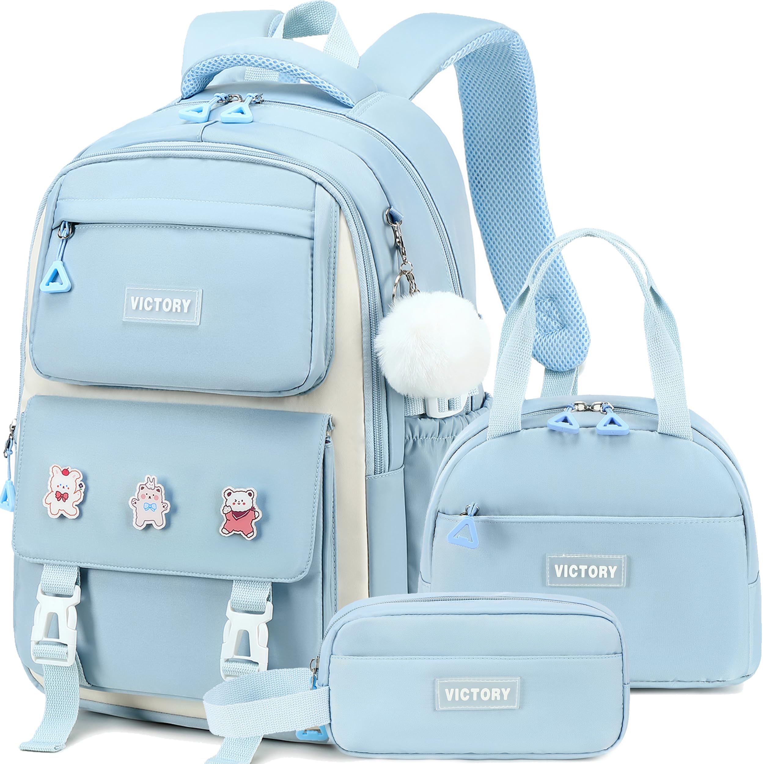 AO ALI VICTORY Backpack for Girls 3 PCS Cute School Backpacks Elementary Kids Book Bag with Lunch Box Pencil Case Set Laptop College Travel Back Pack Large Bookbags for Girl Teens Women Student Blue
