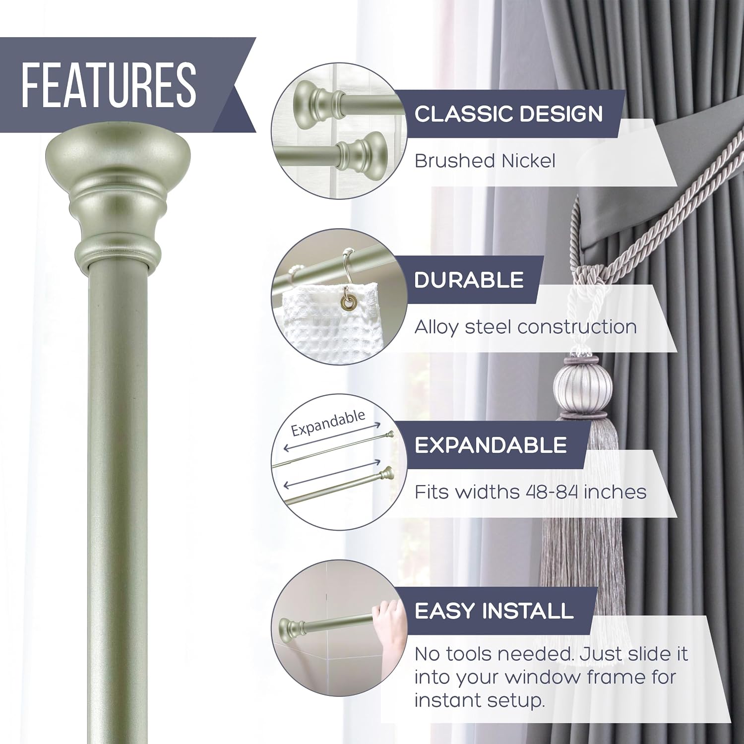 Amazing Drapery Hardware 5/8 Inch Brushed Nickel Spring Tension Curtain Rod, Set of 1 - Adjustable Length 48-75 Inches - Twist to Fit for Lightweight Sheer Panels, Windows, and Small Spaces