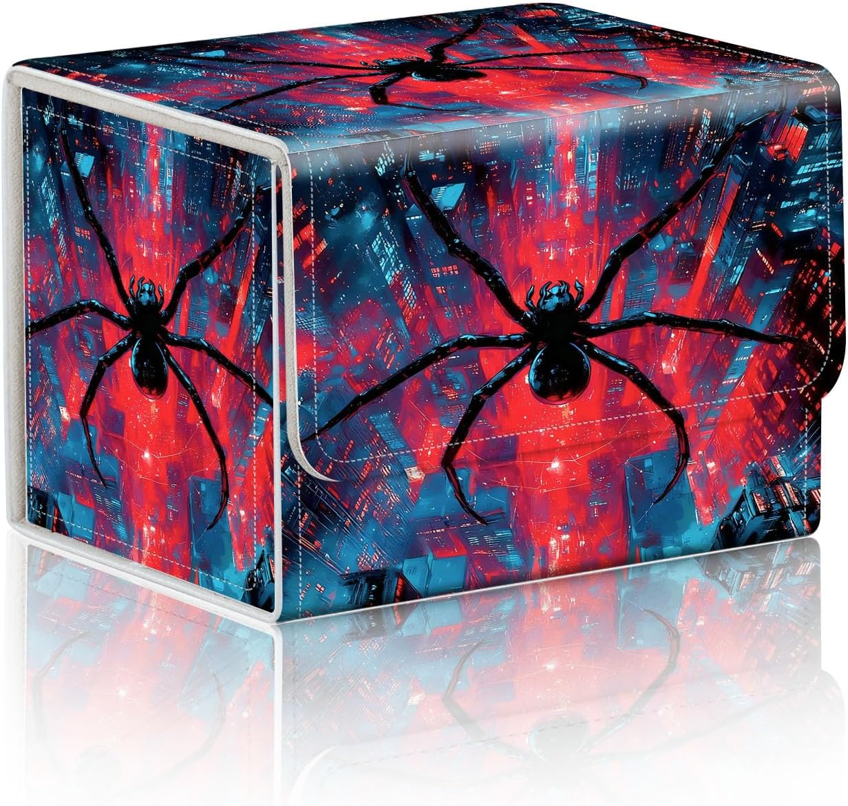 Trading Card Storage Box, Holds 100+ for MTG Cards, Premium PU Leather with Magnetic Closure, Giant Spider In Neon City Durable Deck Box for Magic the Gathering, Trading Card Games