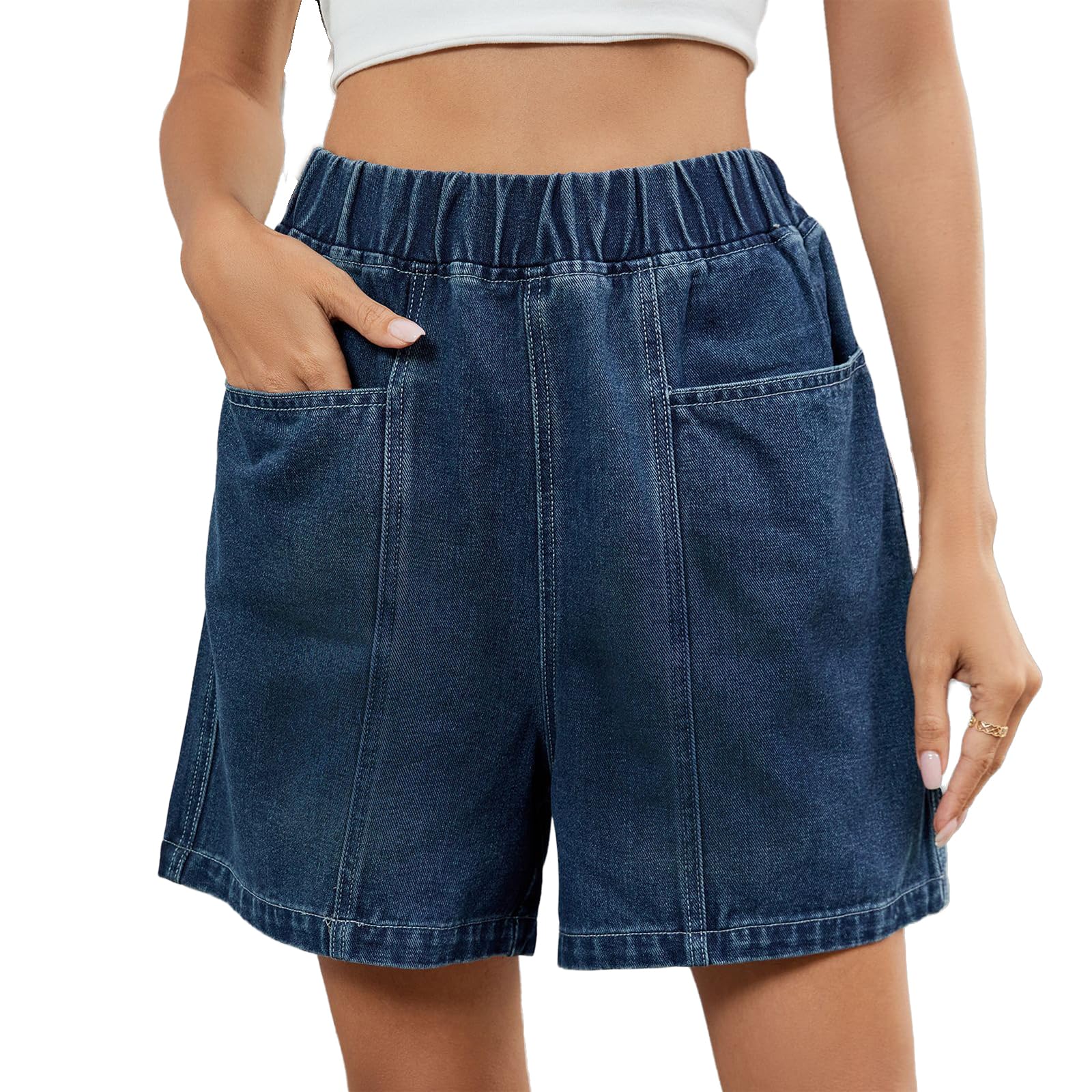 Shorts Bermuda Jeans Donna Pull on Vita Elastica vestibilità Ampia Denim Morbido Tasche Profonde