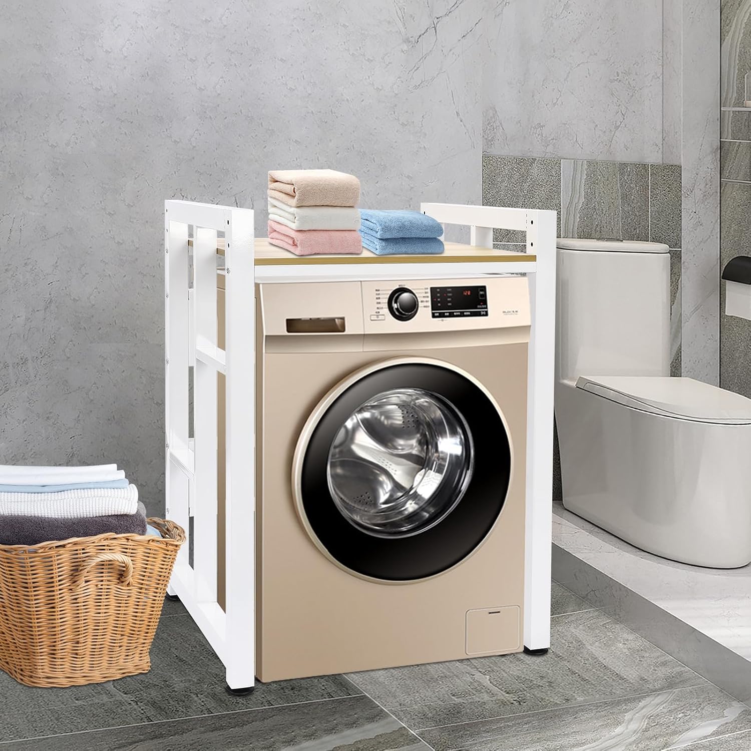 Washer Dryer Stacking Rack Stand, 418lbs Capacity Stackable Laundry Rack, Washer and Dryer Stand with Storage Shelf, Stackable Laundry Storage Shelf with Adjustable Height for Bathroom