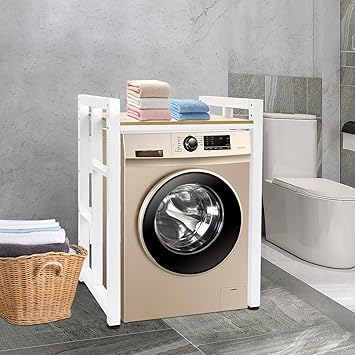 Washer Dryer Stacking Rack Stand, Heavy Duty Over Washer&Dryer Shelves with Adjustable Shelf, Space Saver Stackable Storage Shelf for Laundry Room Height41.34inWhite, Light Walnut