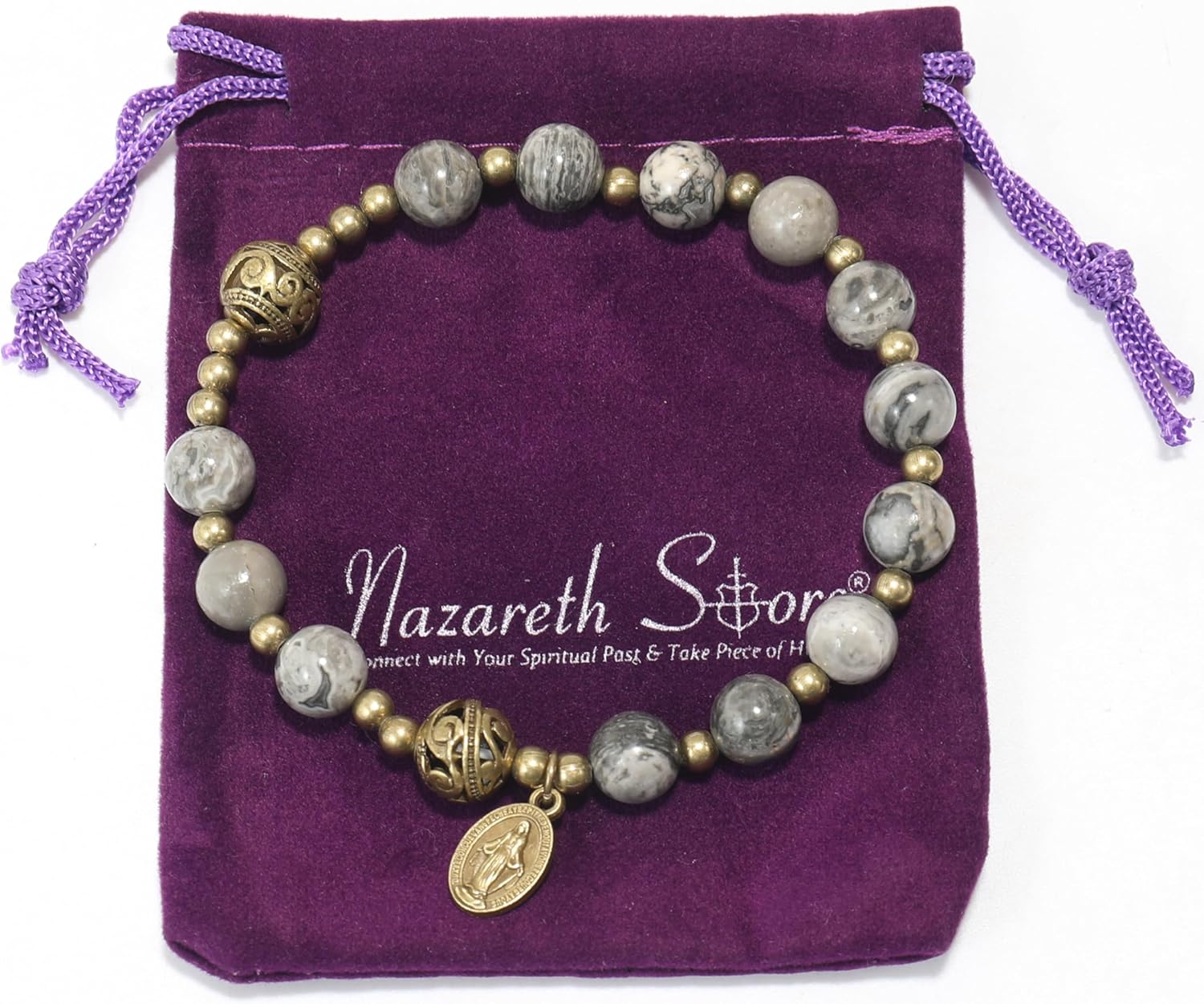 Nazareth Store Stone Beads Rosary Bracelet with Metal Separators and Catholic Medal - Durable and Elegant Wrist Jewelry - Image 5