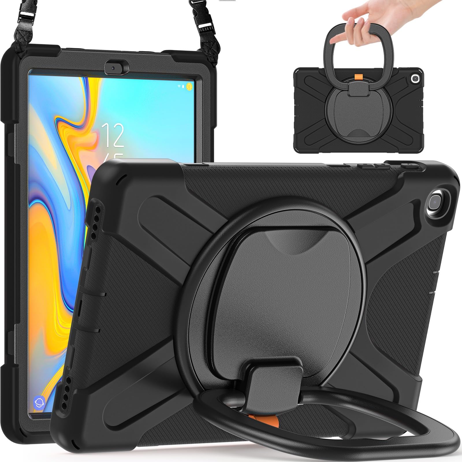 Custodia per tablet Case Compatible with Samsung Galaxy Tab A 10.1 Case 2019 Model(SM-T510/T515),Heavy Duty TPU Shockproof Kids Case,360 Degree Rotating Multi-Function Grip Bracket+Shoulder Strap Rugg