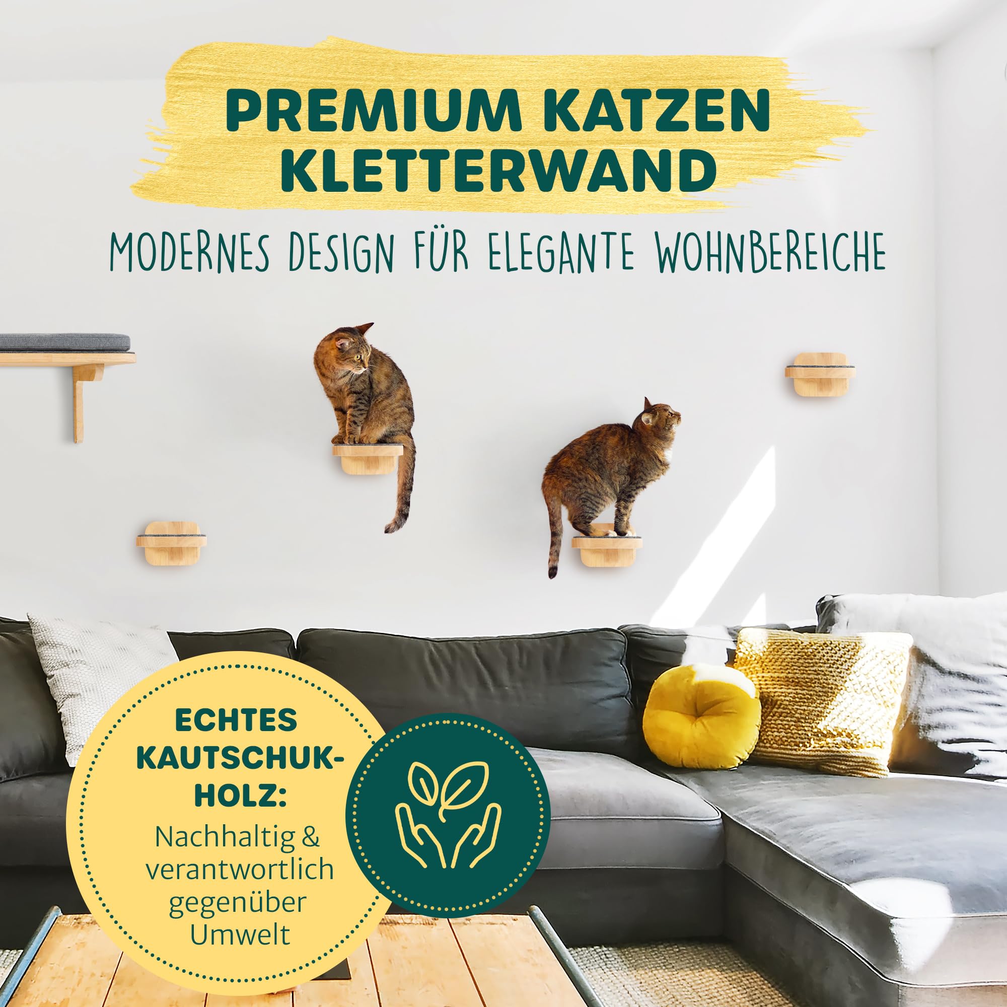 HAPPYPET Katzentreppen 3er-Set für Wandmontage - Nachhaltiges Hartholz, Designer Kletterwand Katzen, Katzentreppe mit Filzbezug, Katzenleiter, Katzenwand zum Klettern, Catwalk, Größe M 22 x 15 cm