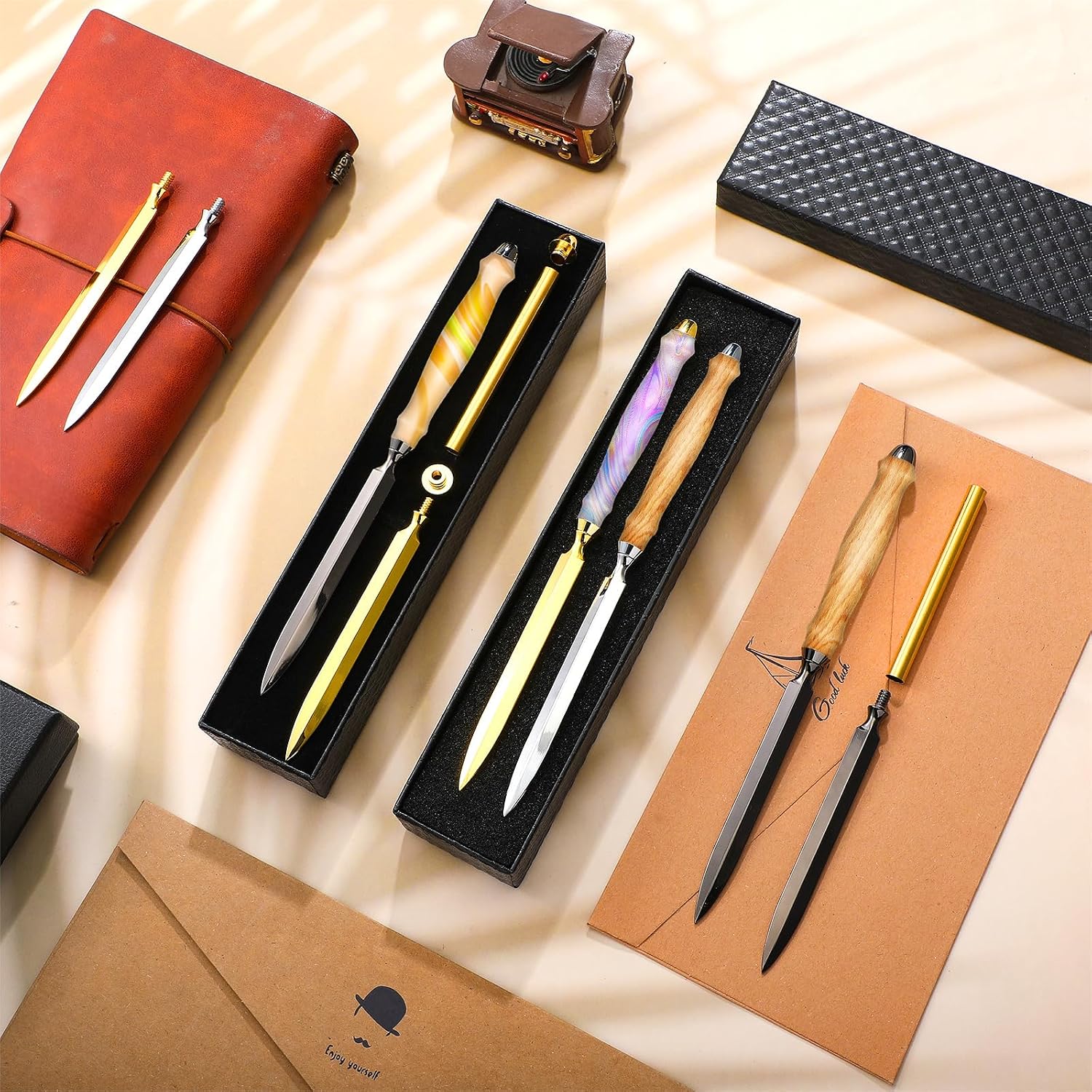 9 Set Letter Opener Woodturning Project Kit, DIY Envelope Slitter Paper Mail Opener Letter Knives Turning Kits Mens Crafts Holiday Gifts Making Supplies, Black, Sliver, Gold