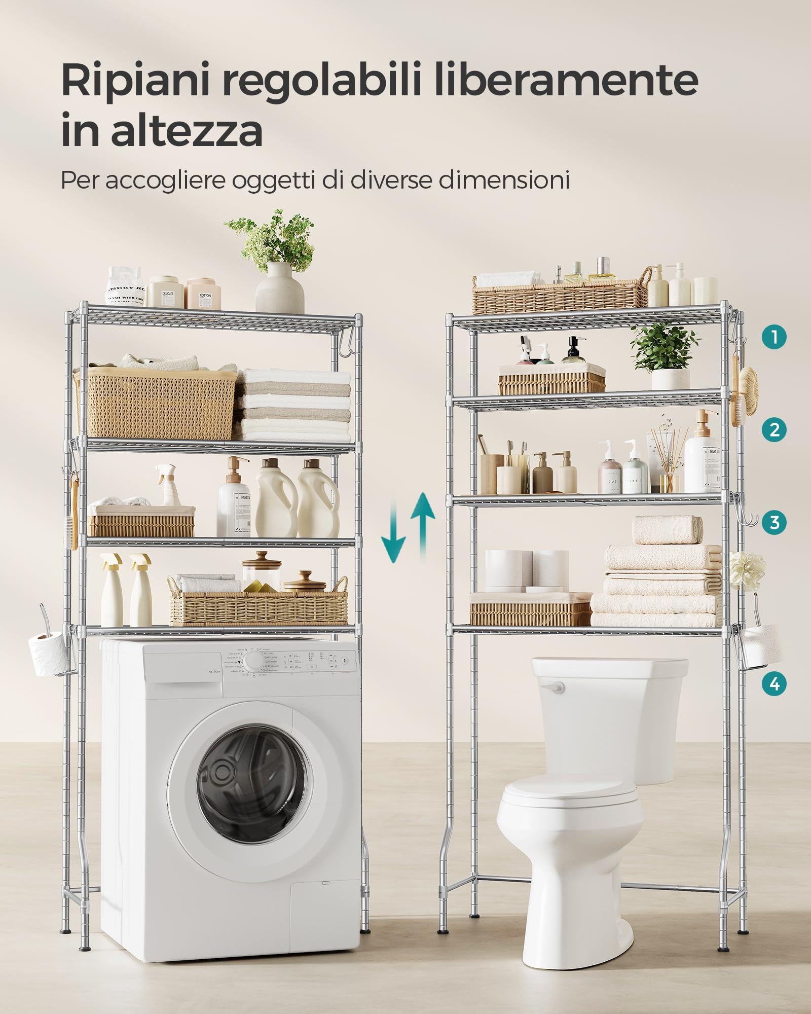 SONGMICS Scaffale sopra WC a 4 Ripiani, Scaffale da Bagno in Metallo, Ripiani Regolabili, con 4 Ganci e Portarotolo, Salvaspazio, 30 x 83 x 176 cm, Grigio Tortora BTS023G01