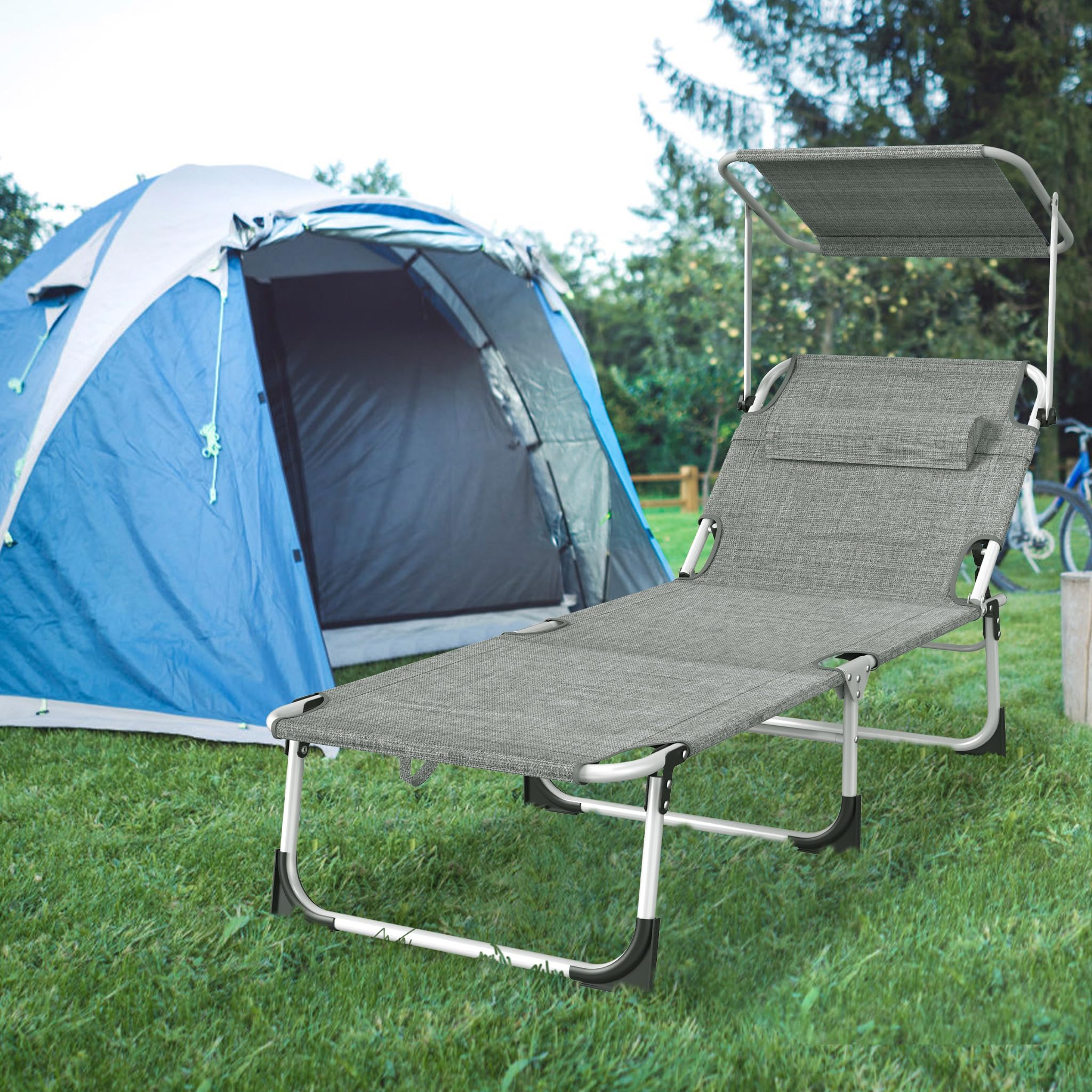 LZQ 2X Sonnenliege Liegestuhl Klappbar mit Sonnendach & Seitentasche, Gartenliege aus 600D Oxford-Gewebe, 194x68x30 cm, für Terrasse, Balkon, Camping & Outdoor, Belastbar bis 100 kg (Leinen Grau)