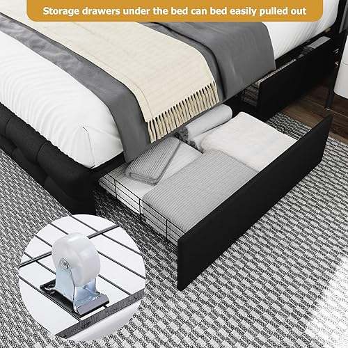 Miniatura 6 de Base de cama de tamaño matrimonial con 4 cajones de almacenamiento y cabecera ajustable, plataforma tapizada con diseño capitoné, soporte de