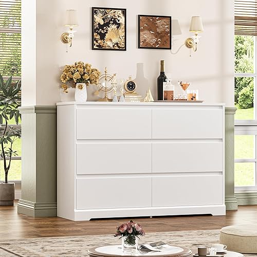 FOTOSOK Cómoda blanca, Cómoda blanca de 47.2" de alto para dormitorio, cómoda de madera moderna con cajones profundos, cómoda con cajones para sala