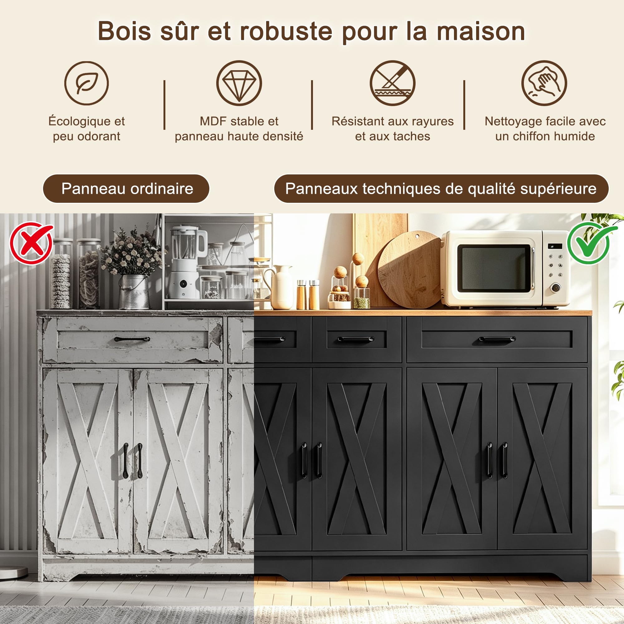Buffet Cuisine 180 cm, Buffet Salle a Manger avec Multiprises,Noir