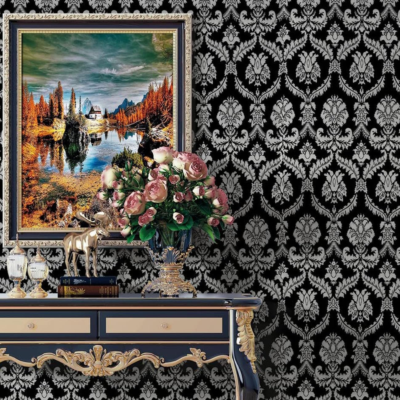 J8360 Damask Peel and Stick Wallpaper 17.7" x 9.8ft Black/Silver Removable Prepasted Contact Paper Self-Adhesive Shelf Liner Decorative Vinyl Film for Home Use