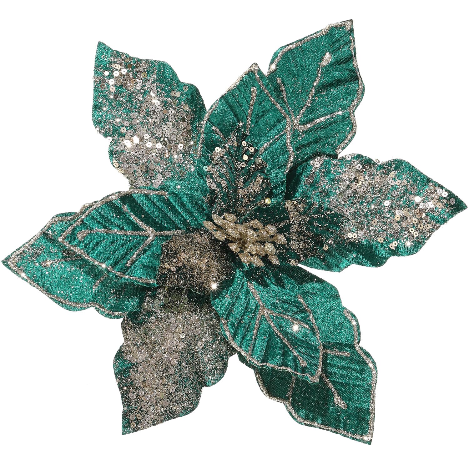 GL-Turelifes 10.7’’ Large Glitter Christmas Flowers 6 Pcs Artificial Poinsettia Flower Ornaments Fold Floral for Christmas Tree Decorations Xmas Tree New Year Party Wedding (Blackish Green)