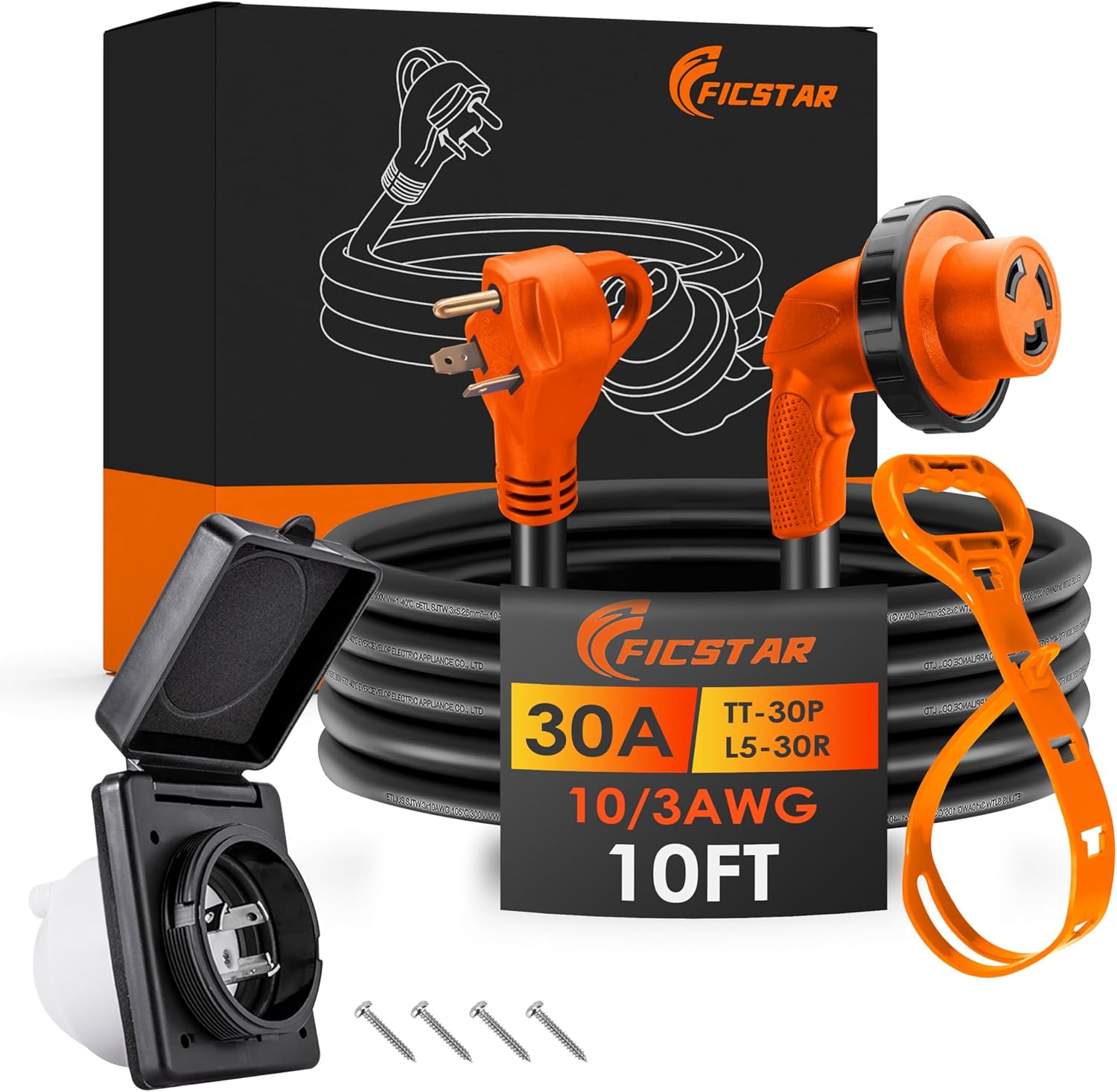 30 Amp Twist Lock RV Shore Power Inlet 125V/120V,RV Shore Power Inlet with 3 Stainless Steel Pins and Screws,NEMA L5-30P,ETL Listed,Black