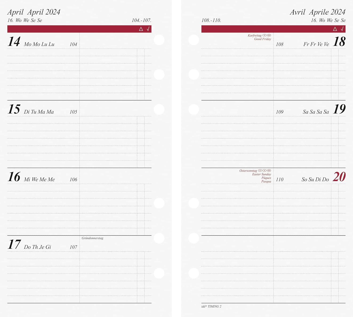 rido/idé Weekly Calendar Timing 2 2024 2 Pages = 1 Week Sheet Size 9.3 x 17.2 cm White