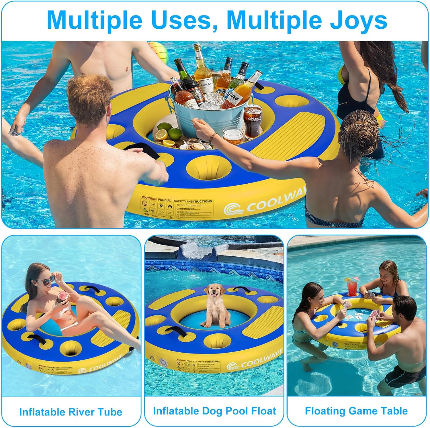 COOLWAVE Floating Pool Bar, 4FT Heavy-Duty Inflatable Floating Cooler with 4 Built-in Drink Holders and Mesh Bottom, Floating Party Table with Pump Great for Pool, Lake, River, and Beach