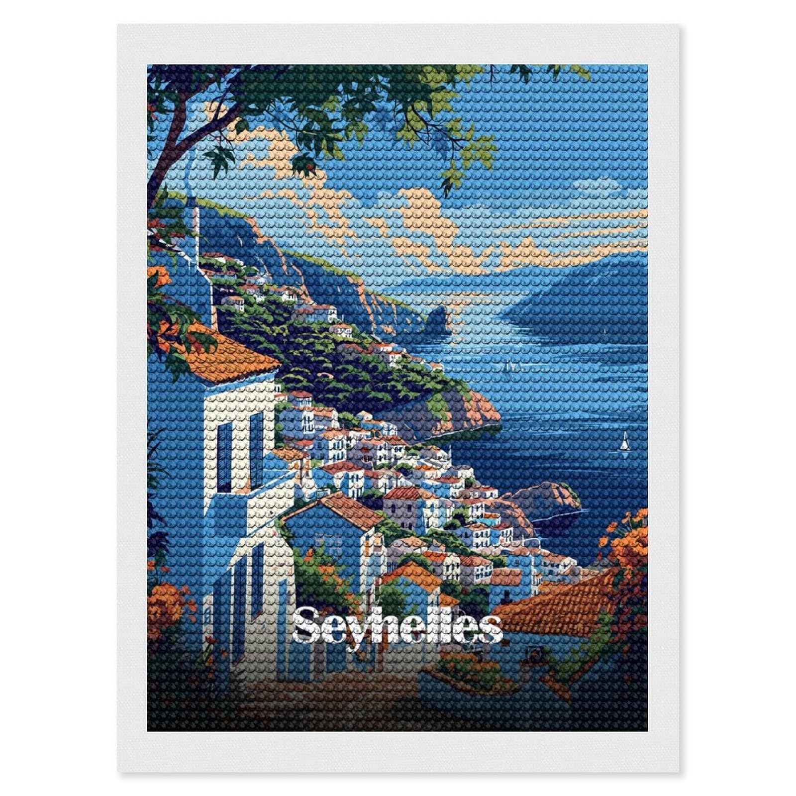 Junmoney Seychelles Coastal Town Diamond Art Canvas 12"x16", Decorate Your Room, Mindful Craft Activity, Cosy Home Accent, Thoughtful Handmade Gift