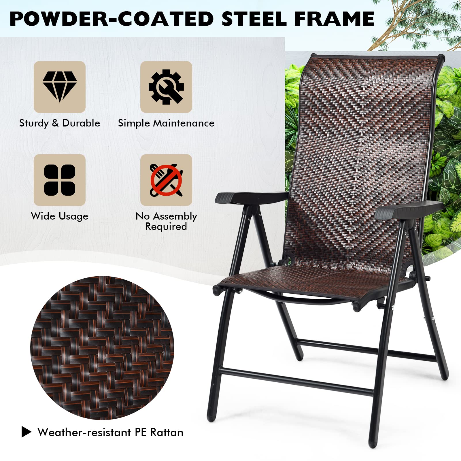 GIANTEX Set di 2 sedie da giardino in rattan con schienale regolabile, sedia pieghevole da giardino, sedia da pranzo, ergonomica, con braccioli, per giardino, balcone