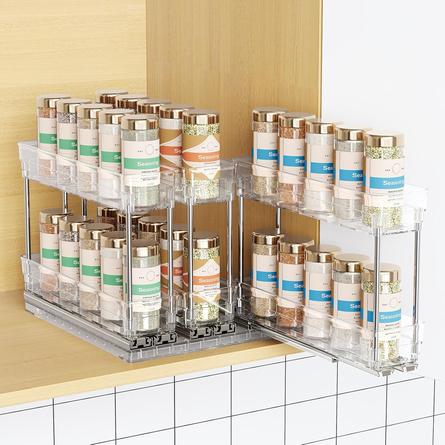 Pull Out Spice Rack Organizer for Cabinet, Slide Out Spice Racks Organizer, Easy to Install Spice Cabinet Organizers, 2.3''Wx10.66''Dx8.11''H, 3 Packs-2 Tiers(Clear)