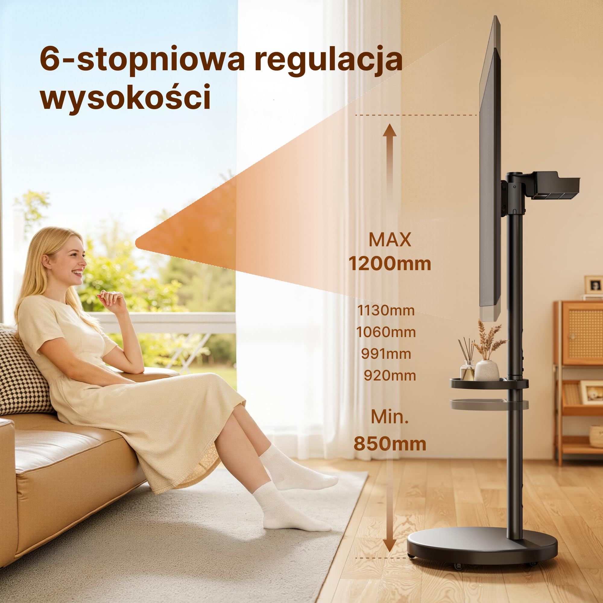 Mobilny stojak pod telewizor na kółkach – do ekranów 32–65 cali | do 40 kg– z regulacją wysokości i półką – obrót pion/poziom – maks. VESA 400x400 mm – Czarny