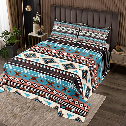 Erosebridal Juego de edredón azteca, tamaño King, del suroeste, juego de colcha tribal nativo americano, marrón, azul, abstracto, geométrico,