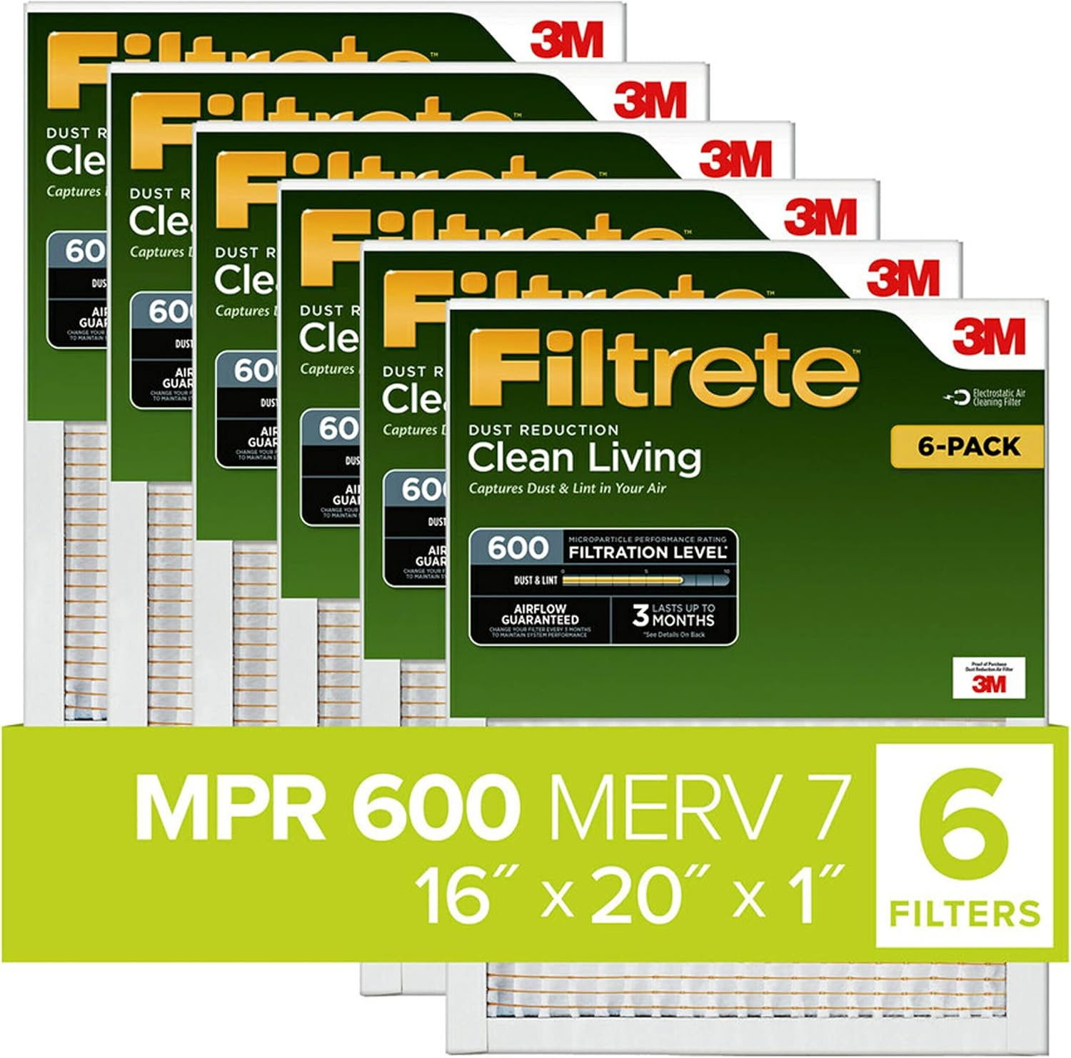 Filtrete 16x20x1 Air Filter, MPR 600, MERV 7, Clean Living Dust