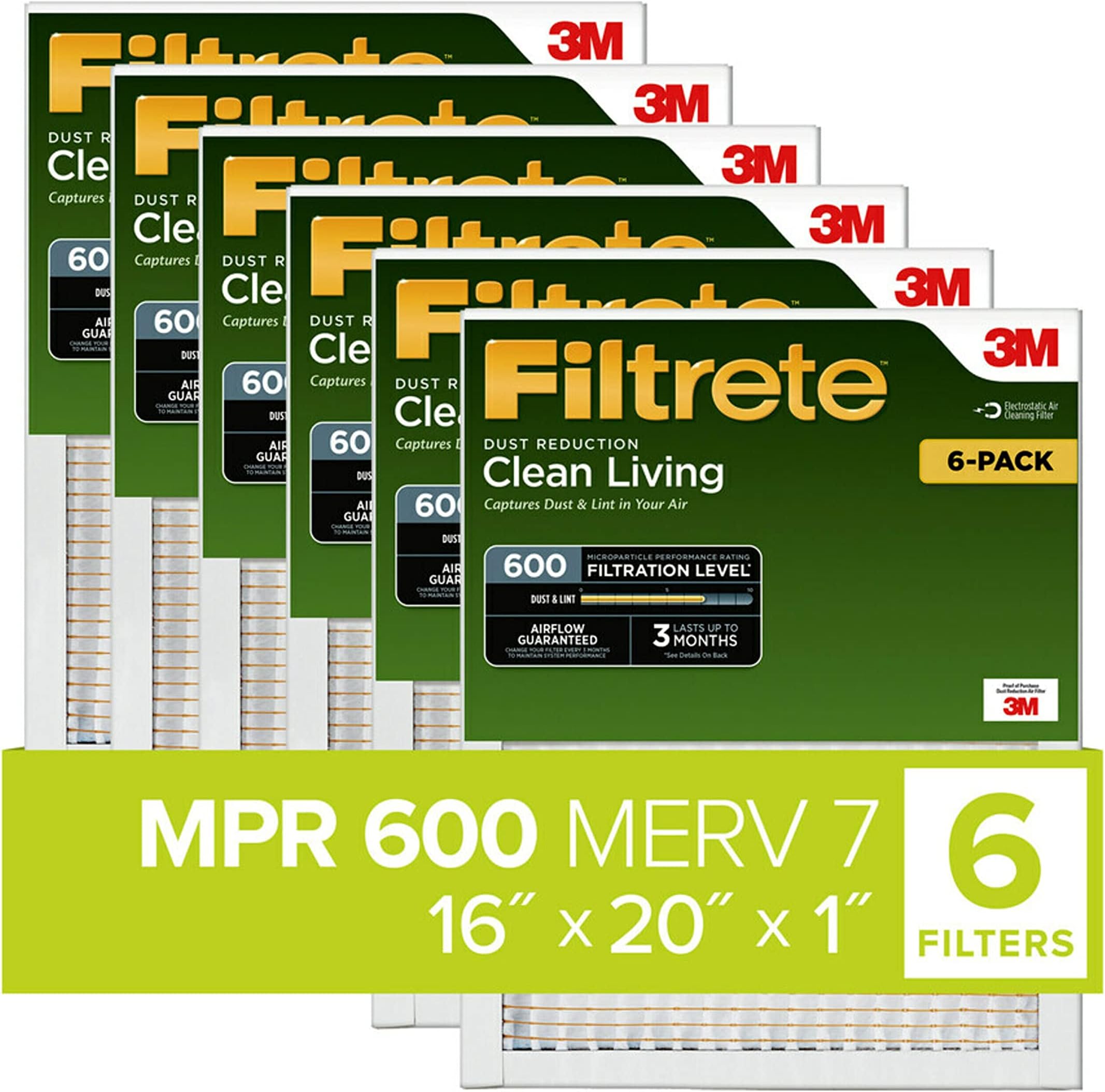 Filtrete 16x20x1 Air Filter, MPR 600, MERV 7, Clean Living Dust Reduction 3-Month Pleated 1-Inch Air Filters, 6 Filters