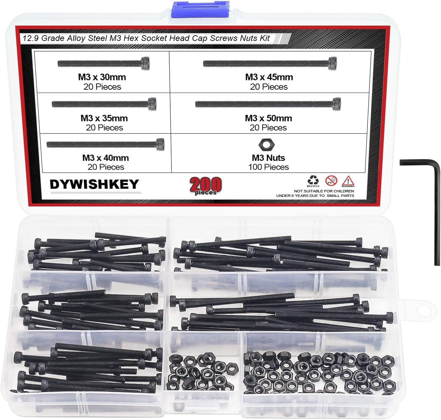 DYWISHKEY 200 Pieces M3 x 30mm/35mm/40mm/45mm/50mm, 12.9 Grade Alloy Steel Hex Socket Head Cap Bolts Screws Nuts Kit with Hex Wrench
