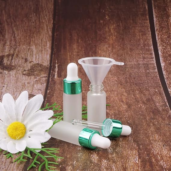 Kesell 50 Pack Dropper Bottles 5ml Frosted Glass Sample Vials Mini Essential Oils Bottle with Dropper Perfume Cosmetic Liquid Container with 3 Funnels, Green Cap