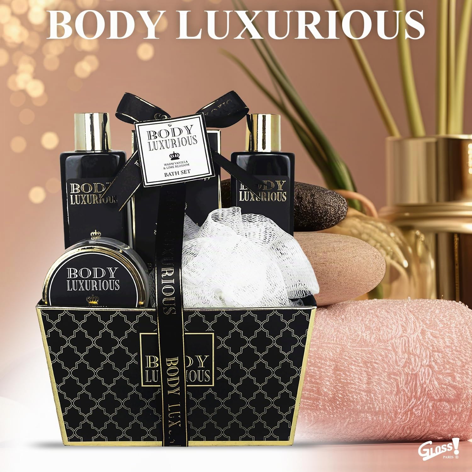 GLOSS ! BODY LUXURIOUS Bade-Set – Beauty-Set für Frauen – Wellness-Korb – Geschenkset zum Geburtstag, zu Weihnachten, für die Lehrerin, zum Muttertag - PANIER