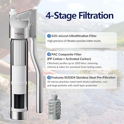 Miniatura 2 de Membrane Solutions Filtro de agua portátil UF de acero inoxidable P1, sistema de filtro de bomba de mano desmontable de alta precisión de 0.01